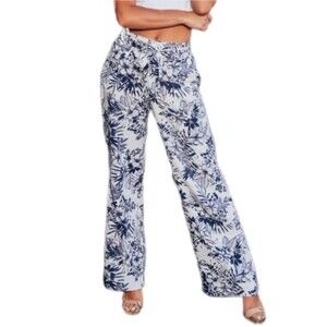 Sound/Style Pants Womens S Linen Wide Leg White Navy Floral Tie Waist Pockets